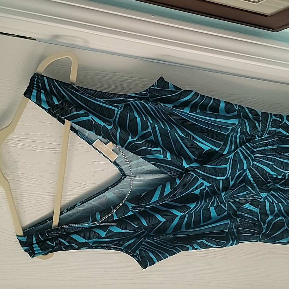 NWT MICHAEL Michael Kors Wide-Leg Jumpsuit Womens M Peacock Blue Leaf Print Dres - Picture 7 of 12